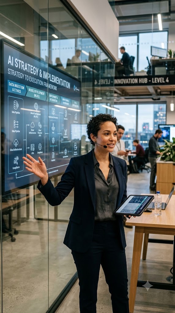 professional giving presentation on ai implementation